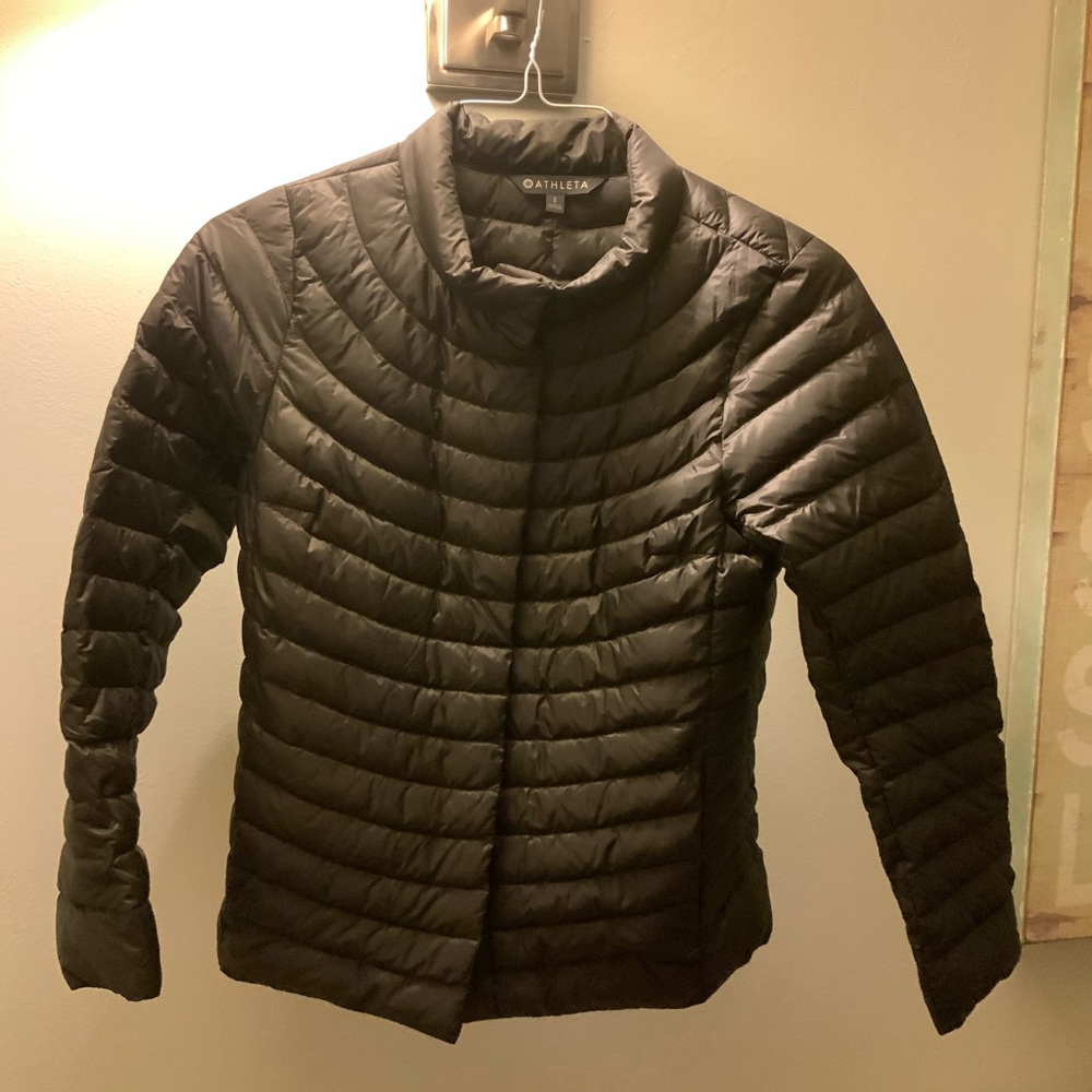 Athleta Snap Button Puffer Jacket Womens Size Small Gray Nylon Goose Down